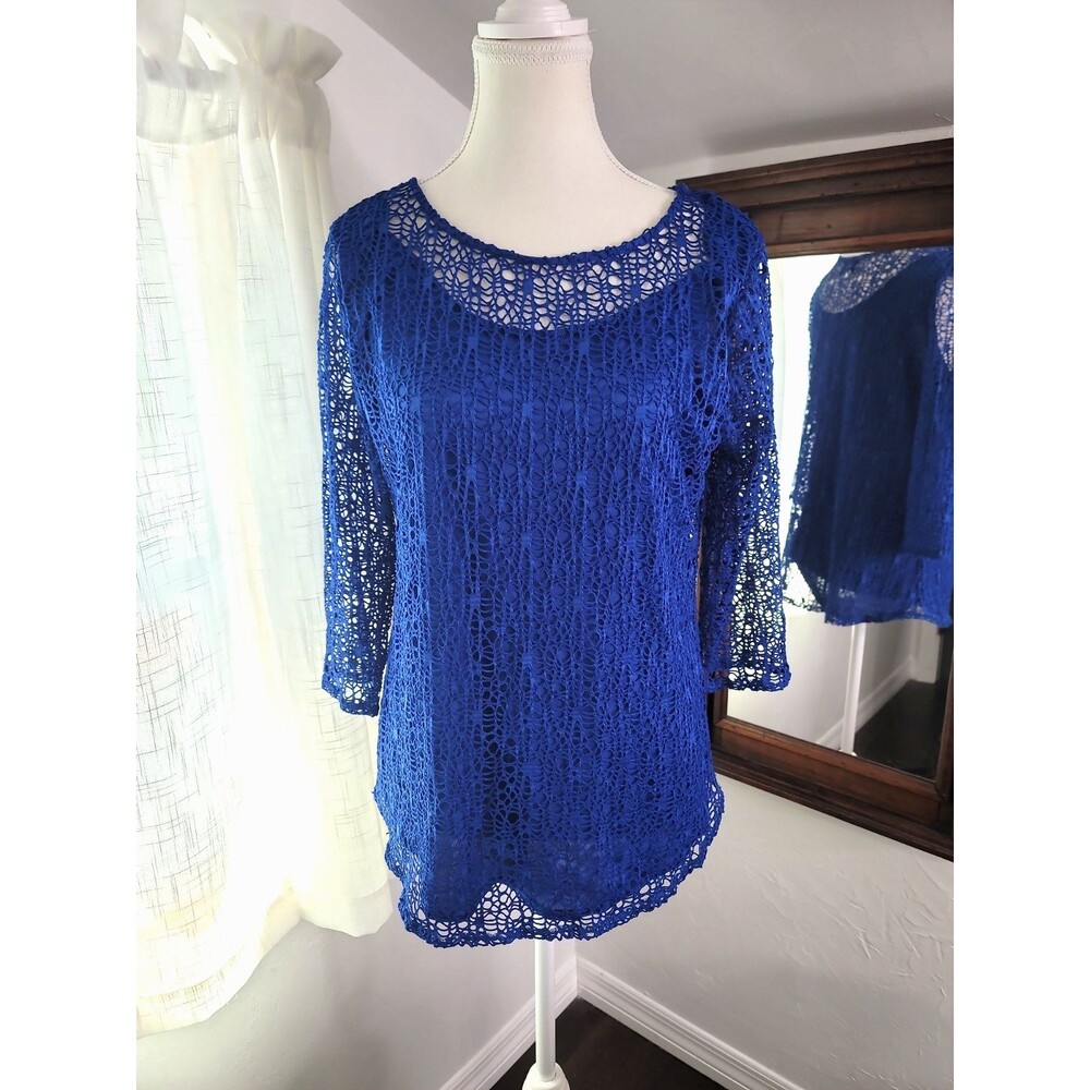 Peck & Peck Lace Overlay Top Womens Cobalt Blue Lined 3/4 Sleeve Sheer sz M